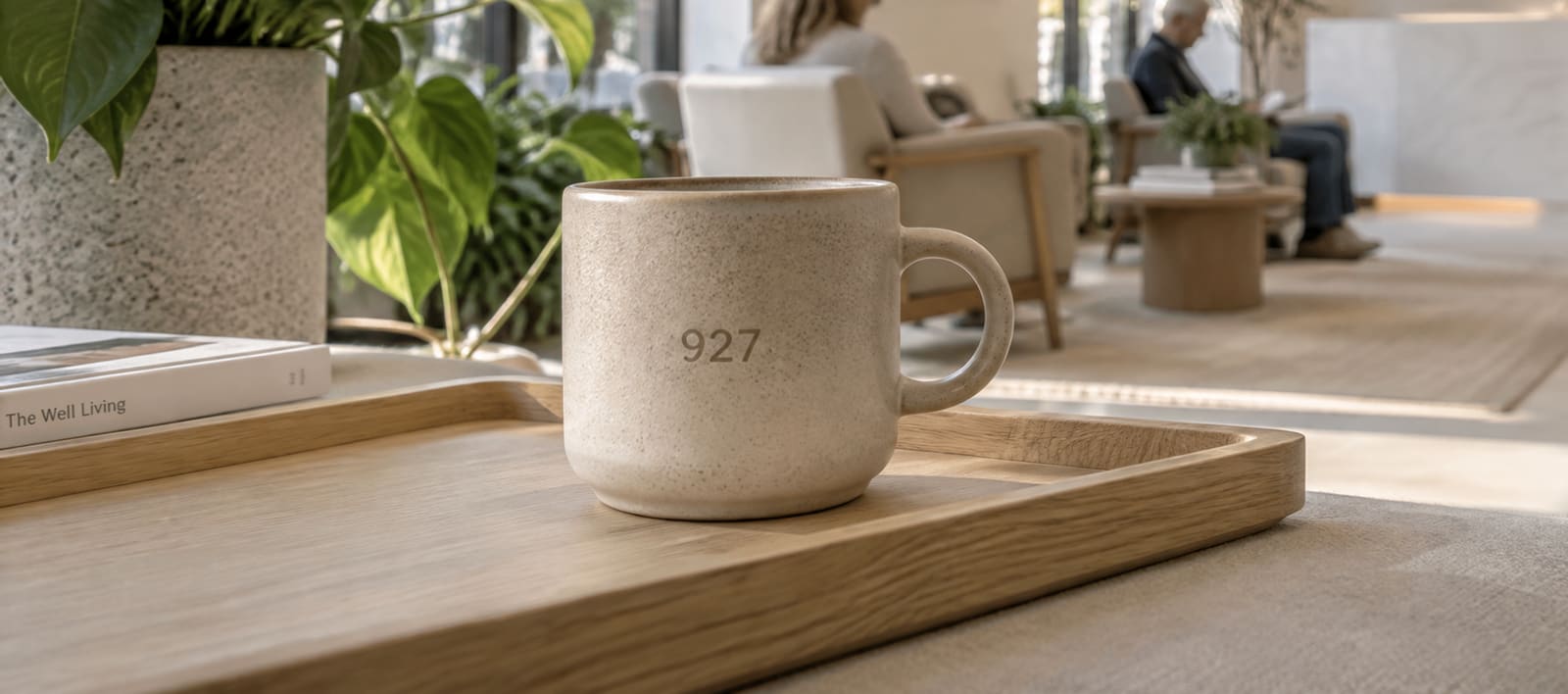 A stoneware cup marked 927 on a wooden tray, a waiting room softly out of focus behind it