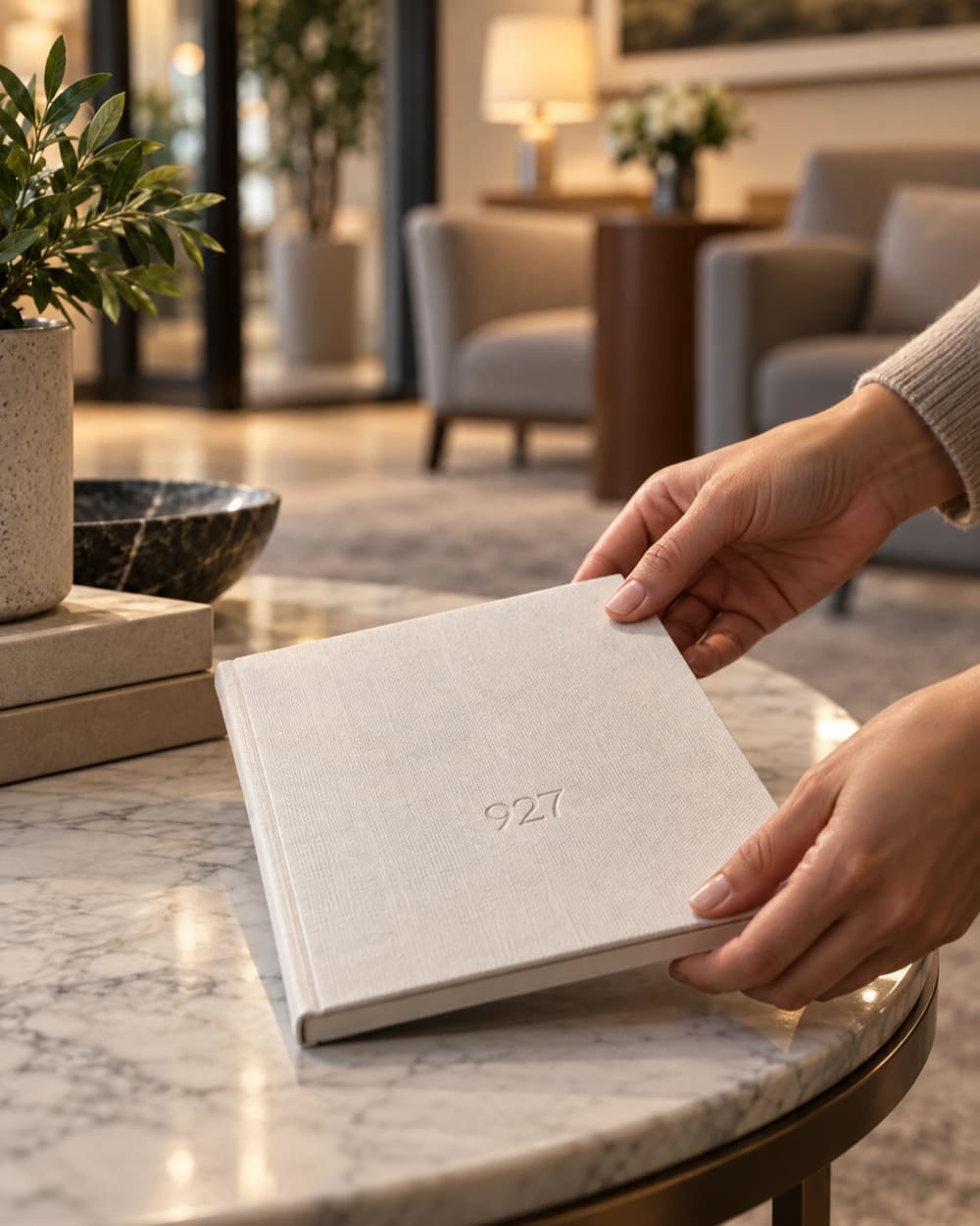 Hands lifting a notepad marked 927 from a side table in a waiting room