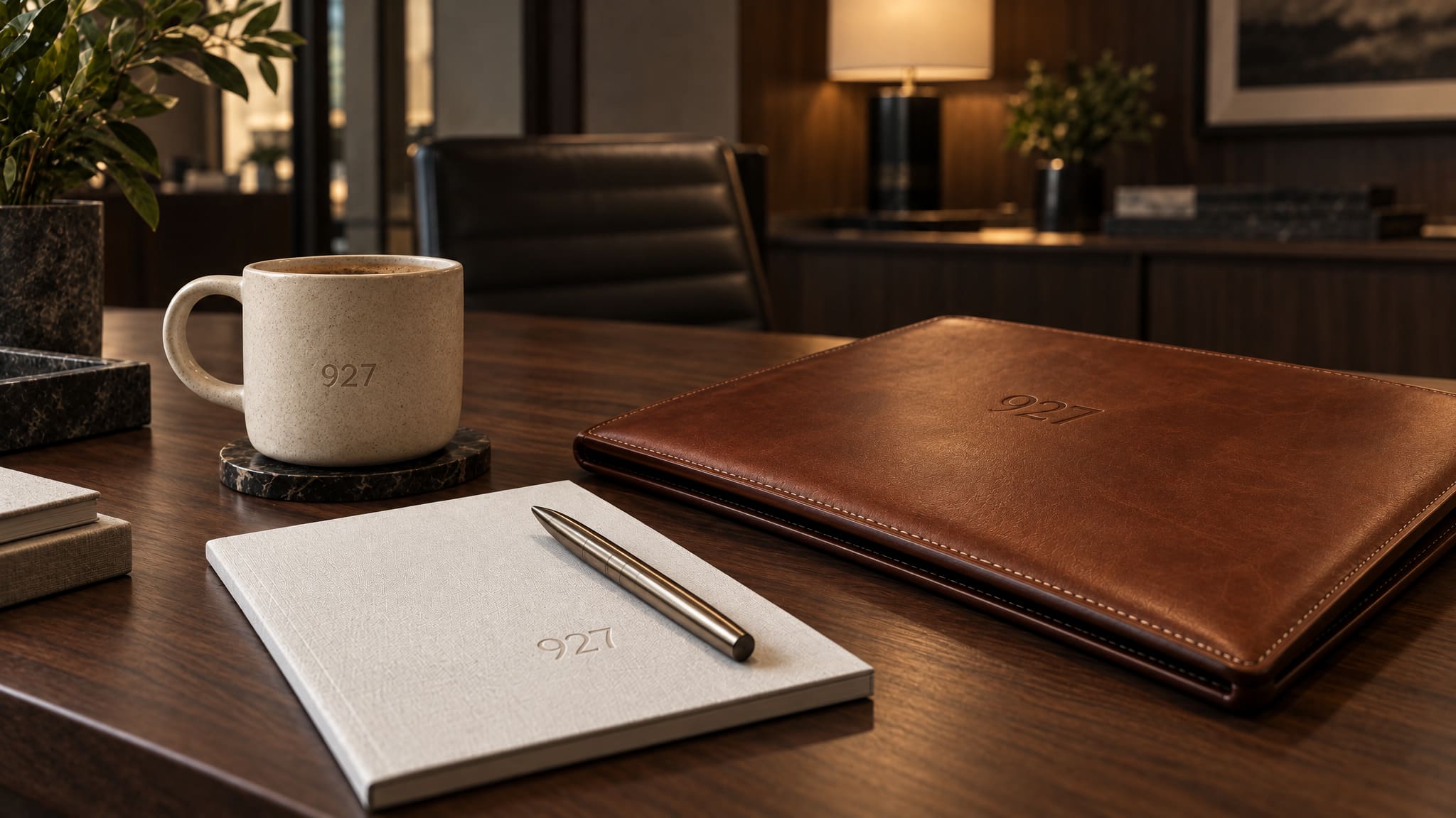A white notepad, a stoneware mug and a leather portfolio, each marked 927, resting on a dark walnut table in a quiet office