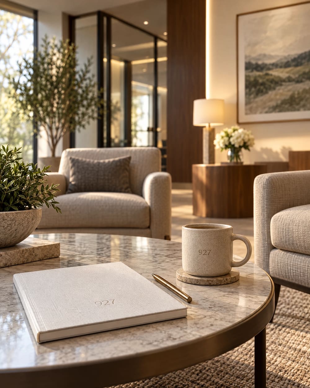 A calm client waiting area with soft seating and a 927 notepad and mug on a low table
