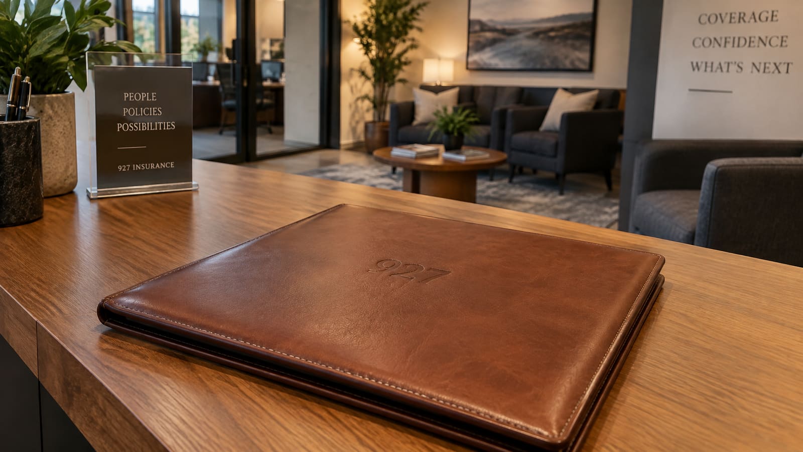 A cognac leather portfolio embossed 927 on a reception desk in an insurance office