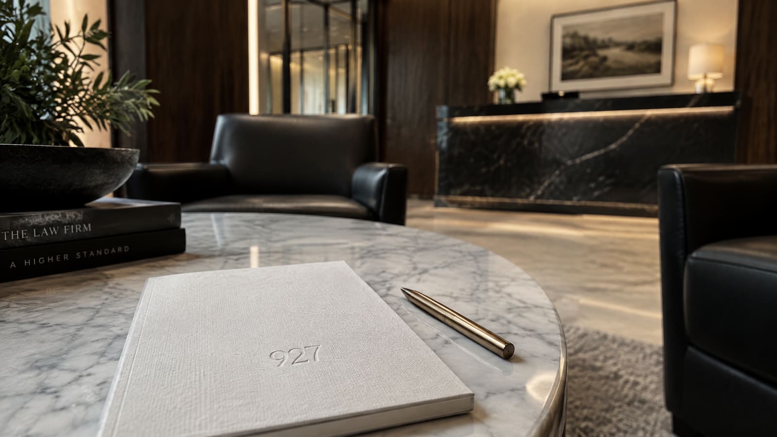 A white notepad embossed 927 and a brass pen on a marble side table in a law firm lobby
