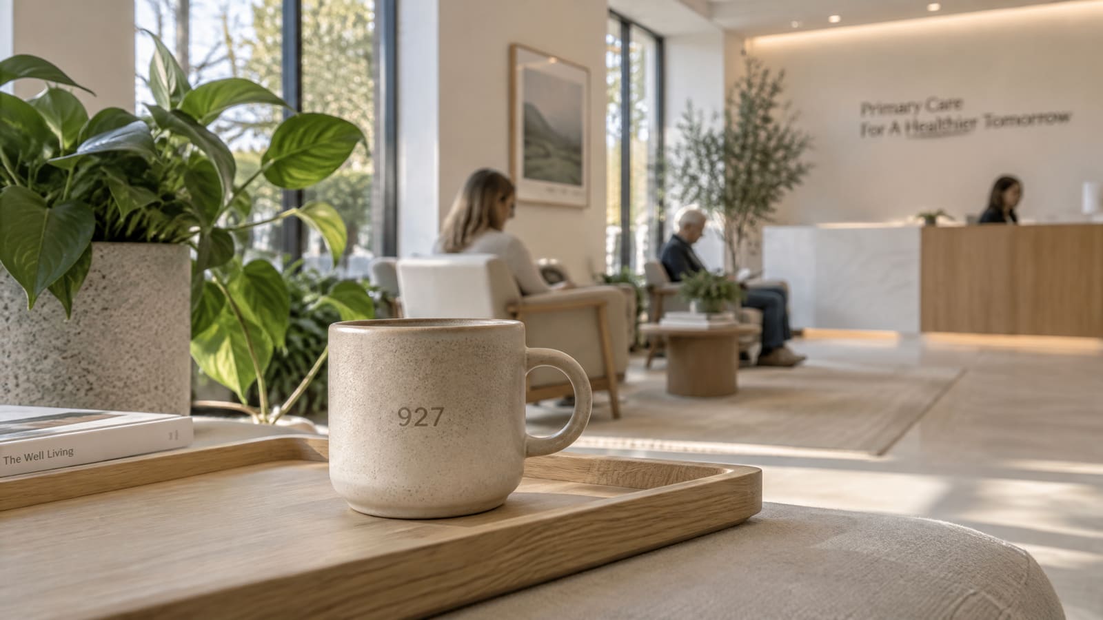 A ceramic cup marked 927 on a wooden tray in a bright medical waiting room